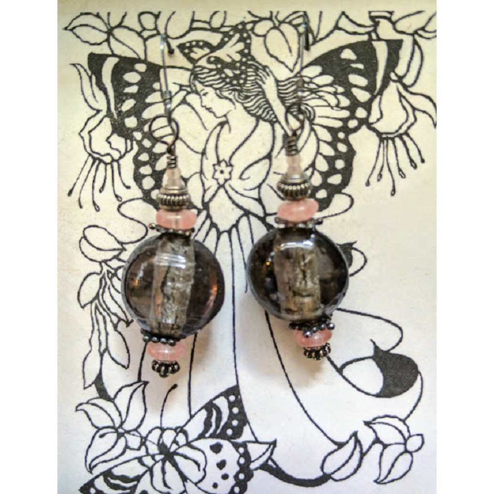 Hand Beaded Earrings w/ Crystal Seed, Glass, Semi Precious Stone Smoky Glass